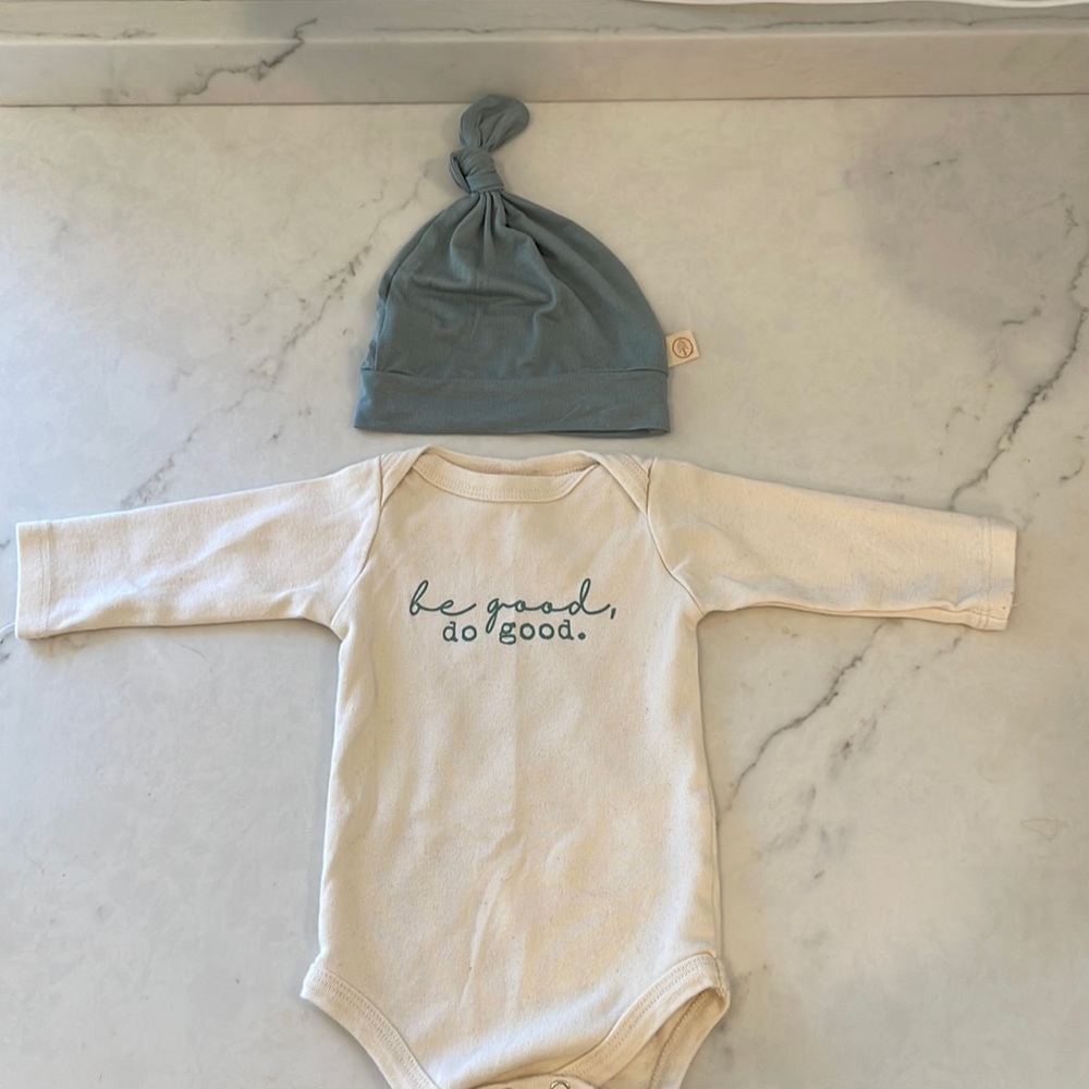 Tenth & Pine “Be good Do Good” Long Sleeve Organic Bodysuit & hat 0-3 mn…